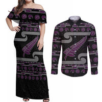New Zealand Christmas Couples Matching Off Shoulder Maxi Dress and Long Sleeve Button Shirt Meri Kirihimete Silver Fern Knit Style Purple Color - Polynesian Pride