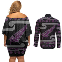New Zealand Christmas Couples Matching Off Shoulder Short Dress and Long Sleeve Button Shirt Meri Kirihimete Silver Fern Knit Style Purple Color - Polynesian Pride