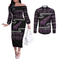 New Zealand Christmas Couples Matching Off The Shoulder Long Sleeve Dress and Long Sleeve Button Shirt Meri Kirihimete Silver Fern Knit Style Purple Color - Polynesian Pride