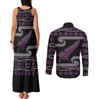 New Zealand Christmas Couples Matching Tank Maxi Dress and Long Sleeve Button Shirt Meri Kirihimete Silver Fern Knit Style Purple Color - Polynesian Pride