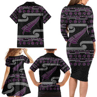 New Zealand Christmas Family Matching Long Sleeve Bodycon Dress and Hawaiian Shirt Meri Kirihimete Silver Fern Knit Style Purple Color - Polynesian Pride