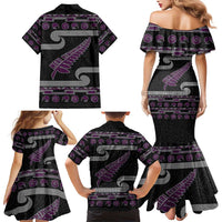 New Zealand Christmas Family Matching Mermaid Dress and Hawaiian Shirt Meri Kirihimete Silver Fern Knit Style Purple Color - Polynesian Pride