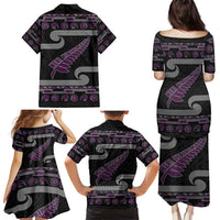 New Zealand Christmas Family Matching Puletasi and Hawaiian Shirt Meri Kirihimete Silver Fern Knit Style Purple Color - Polynesian Pride