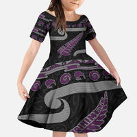 New Zealand Christmas Family Matching Short Sleeve Bodycon Dress and Hawaiian Shirt Meri Kirihimete Silver Fern Knit Style Purple Color - Polynesian Pride