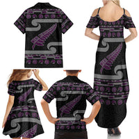 New Zealand Christmas Family Matching Summer Maxi Dress and Hawaiian Shirt Meri Kirihimete Silver Fern Knit Style Purple Color - Polynesian Pride