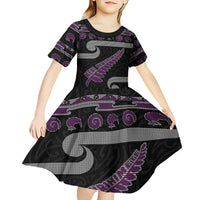 New Zealand Christmas Kid Short Sleeve Dress Meri Kirihimete Silver Fern Knit Style Purple Color - Polynesian Pride