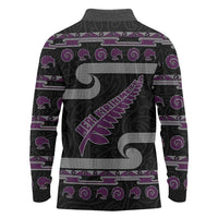 New Zealand Christmas Long Sleeve Polo Shirt Meri Kirihimete Silver Fern Knit Style Purple Color - Polynesian Pride