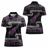 New Zealand Christmas Women Polo Shirt Meri Kirihimete Silver Fern Knit Style Purple Color - Polynesian Pride