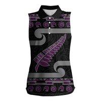 New Zealand Christmas Women Sleeveless Polo Shirt Meri Kirihimete Silver Fern Knit Style Purple Color - Polynesian Pride
