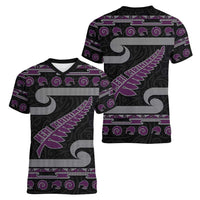 New Zealand Christmas Women V-Neck T-Shirt Meri Kirihimete Silver Fern Knit Style Purple Color - Polynesian Pride
