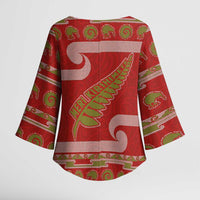 New Zealand Christmas Kimono Sleeve Blouse Meri Kirihimete Silver Fern Knit Style Green Color - Polynesian Pride
