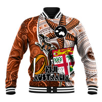 Fiji Australia Rugby Baseball Jacket Kangaroo and Palm Tree Orange Tapa Pattern Mix Aboriginal LT03 Unisex Orange - Polynesian Pride