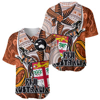 Fiji Australia Rugby Baseball Jersey Kangaroo and Palm Tree Orange Tapa Pattern Mix Aboriginal LT03 - Polynesian Pride
