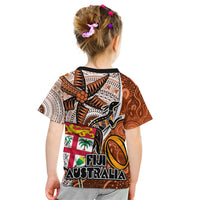 Fiji Australia Rugby Kid T Shirt Kangaroo and Palm Tree Orange Tapa Pattern Mix Aboriginal LT03 - Polynesian Pride