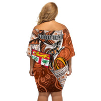 personalised-fiji-australia-rugby-off-shoulder-short-dress-kangaroo-and-palm-tree-orange-tapa-pattern-mix-aboriginal