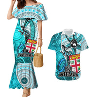 Fiji Australia Rugby Couples Matching Mermaid Dress and Hawaiian Shirt Kangaroo and Palm Tree Blue Tapa Pattern Mix Aboriginal LT03 Blue - Polynesian Pride