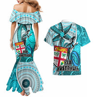 Fiji Australia Rugby Couples Matching Mermaid Dress and Hawaiian Shirt Kangaroo and Palm Tree Blue Tapa Pattern Mix Aboriginal LT03 - Polynesian Pride