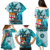 Fiji Australia Rugby Family Matching Puletasi Dress and Hawaiian Shirt Kangaroo and Palm Tree Blue Tapa Pattern Mix Aboriginal LT03 - Polynesian Pride
