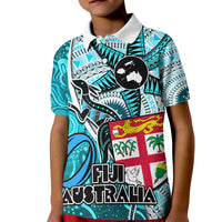 Fiji Australia Rugby Kid Polo Shirt Kangaroo and Palm Tree Blue Tapa Pattern Mix Aboriginal LT03 Kid Blue - Polynesian Pride