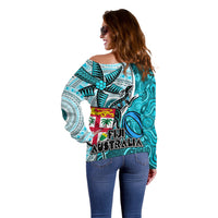Fiji Australia Rugby Off Shoulder Sweater Kangaroo and Palm Tree Blue Tapa Pattern Mix Aboriginal LT03 - Polynesian Pride