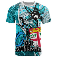 Fiji Australia Rugby T Shirt Kangaroo and Palm Tree Blue Tapa Pattern Mix Aboriginal LT03 Blue - Polynesian Pride