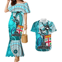 Personalised Fiji Australia Rugby Couples Matching Mermaid Dress and Hawaiian Shirt Kangaroo and Palm Tree Blue Tapa Pattern Mix Aboriginal LT03 Blue - Polynesian Pride