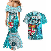 Personalised Fiji Australia Rugby Couples Matching Mermaid Dress and Hawaiian Shirt Kangaroo and Palm Tree Blue Tapa Pattern Mix Aboriginal LT03 - Polynesian Pride