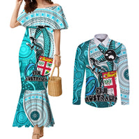 Personalised Fiji Australia Rugby Couples Matching Mermaid Dress and Long Sleeve Button Shirts Kangaroo and Palm Tree Blue Tapa Pattern Mix Aboriginal LT03 Blue - Polynesian Pride