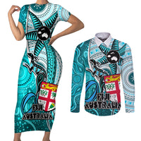 personalised-fiji-australia-rugby-couples-matching-short-sleeve-bodycon-dress-and-long-sleeve-button-shirts-kangaroo-and-palm-tree-blue-tapa-pattern-mix-aboriginal