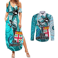 personalised-fiji-australia-rugby-couples-matching-summer-maxi-dress-and-long-sleeve-button-shirts-kangaroo-and-palm-tree-blue-tapa-pattern-mix-aboriginal