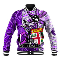 Fiji Australia Rugby Baseball Jacket Kangaroo and Palm Tree Purple Tapa Pattern Mix Aboriginal LT03 Unisex Purple - Polynesian Pride
