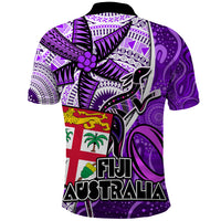 Fiji Australia Rugby Polo Shirt Kangaroo and Palm Tree Purple Tapa Pattern Mix Aboriginal LT03 - Polynesian Pride