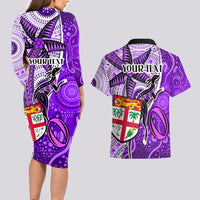 personalised-fiji-australia-rugby-couples-matching-long-sleeve-bodycon-dress-and-hawaiian-shirt-kangaroo-and-palm-tree-purple-tapa-pattern-mix-aboriginal