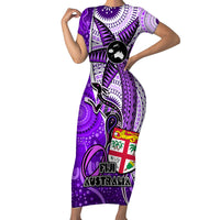 Personalised Fiji Australia Rugby Short Sleeve Bodycon Dress Kangaroo and Palm Tree Purple Tapa Pattern Mix Aboriginal LT03 Long Dress Purple - Polynesian Pride