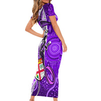 Personalised Fiji Australia Rugby Short Sleeve Bodycon Dress Kangaroo and Palm Tree Purple Tapa Pattern Mix Aboriginal LT03 - Polynesian Pride