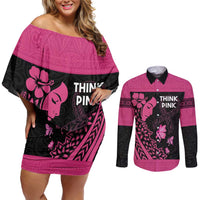 Breast Cancer Awareness Couples Matching Off Shoulder Short Dress and Long Sleeve Button Shirt Think Pink Polynesian Ribbon and Butterfly LT03 Pink - Polynesian Pride