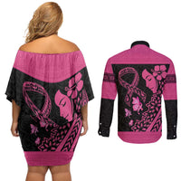 Breast Cancer Awareness Couples Matching Off Shoulder Short Dress and Long Sleeve Button Shirt Think Pink Polynesian Ribbon and Butterfly LT03 - Polynesian Pride