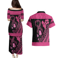 Breast Cancer Awareness Couples Matching Puletasi and Hawaiian Shirt Think Pink Polynesian Ribbon and Butterfly LT03 - Polynesian Pride