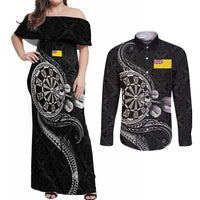 Personalised Niue Darts Masters Couples Matching Off Shoulder Maxi Dress and Long Sleeve Button Shirt Tribal Hiapo Dartboard - Polynesian Pride
