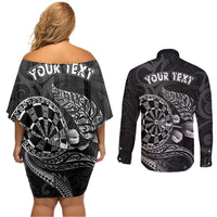 Personalised New Zealand Aotearoa Darts Masters Couples Matching Off Shoulder Short Dress and Long Sleeve Button Shirt Tribal Silver Fern and Ta Moko Dartboard - Polynesian Pride