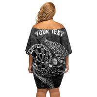 Personalised New Zealand Aotearoa Darts Masters Family Matching Off Shoulder Short Dress and Hawaiian Shirt Tribal Silver Fern and Ta Moko Dartboard - Polynesian Pride