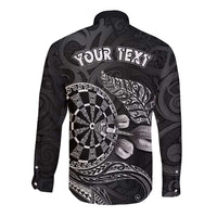Personalised New Zealand Aotearoa Darts Masters Long Sleeve Button Shirt Tribal Silver Fern and Ta Moko Dartboard - Polynesian Pride