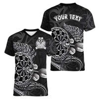 Personalised New Zealand Aotearoa Darts Masters Women V-Neck T-Shirt Tribal Silver Fern and Ta Moko Dartboard - Polynesian Pride