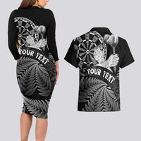 Personalised New Zealand Aotearoa Darts Masters Couples Matching Long Sleeve Bodycon Dress and Hawaiian Shirt Silver Fern and Maori Spirit - Polynesian Pride