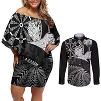 Personalised New Zealand Aotearoa Darts Masters Couples Matching Off Shoulder Short Dress and Long Sleeve Button Shirt Silver Fern and Maori Spirit - Polynesian Pride