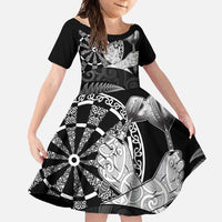 Personalised New Zealand Aotearoa Darts Masters Family Matching Short Sleeve Bodycon Dress and Hawaiian Shirt Silver Fern and Maori Spirit - Polynesian Pride