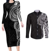 Traditional Polynesian Art Tattoos Couples Matching Long Sleeve Bodycon Dress and Long Sleeve Button Shirt Black Color - Polynesian Pride