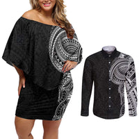 Traditional Polynesian Art Tattoos Couples Matching Off Shoulder Short Dress and Long Sleeve Button Shirt Black Color - Polynesian Pride