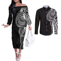 Traditional Polynesian Art Tattoos Couples Matching Off The Shoulder Long Sleeve Dress and Long Sleeve Button Shirt Black Color - Polynesian Pride