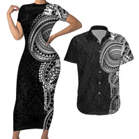 Traditional Polynesian Art Tattoos Couples Matching Short Sleeve Bodycon Dress and Hawaiian Shirt Black Color - Polynesian Pride